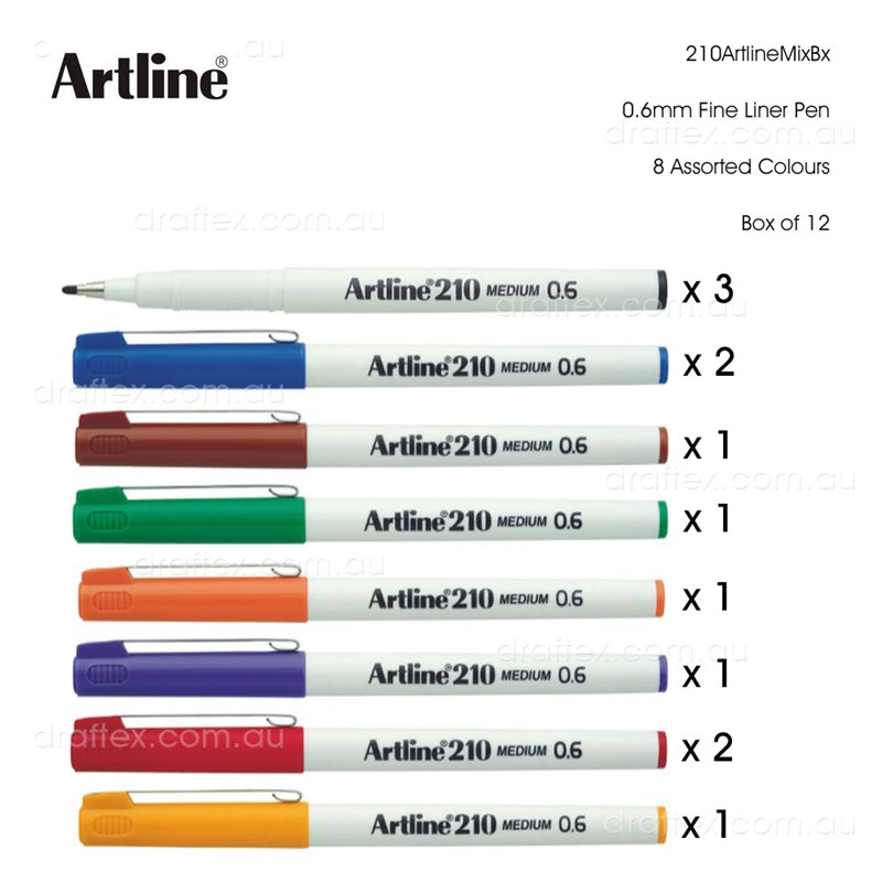 210Artlinemixbx Artline 210 06Mm Pen Box Of 12 Pens With 8 Different Colours