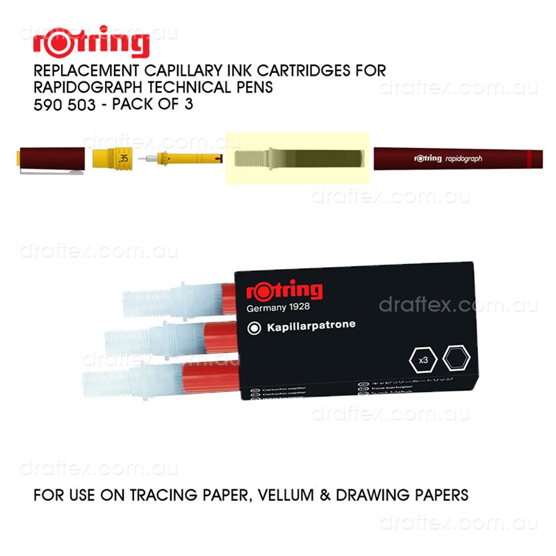 590503 Rotring Rapidograph Capillary Red Ink Cartridges For Rapidograph Technical Pens Pk 3