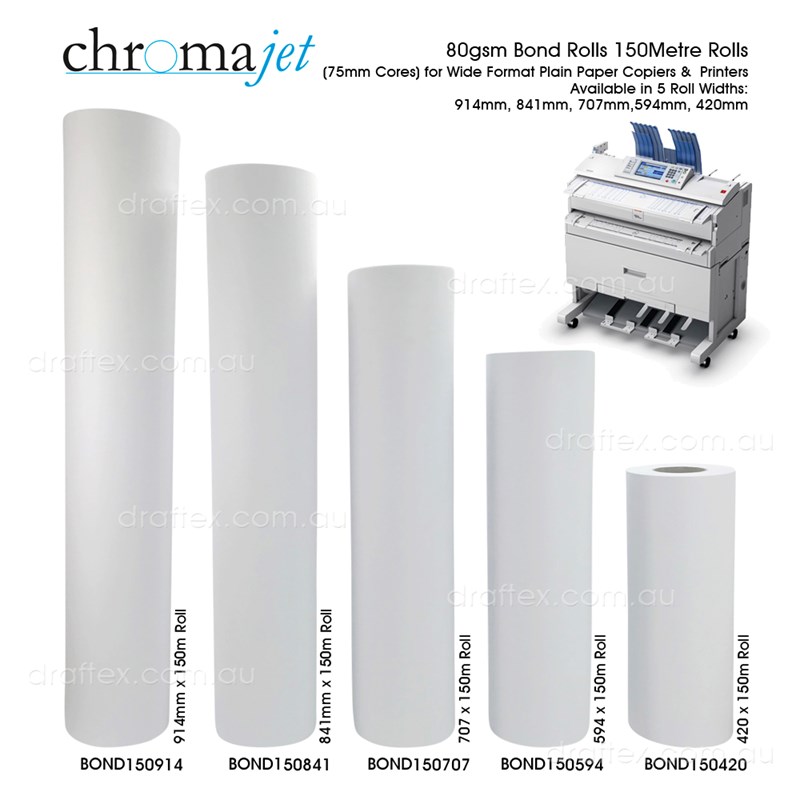 Bond150 Xxx Chromajet 80Gsm Bond Rolls 75Mm Cores For Wide Format Plain Paper Printers Copiers 5 Roll Widths