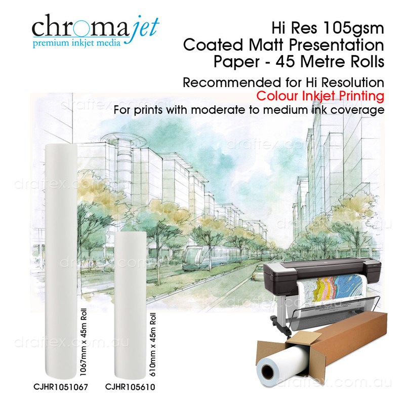 Cjhr105xxx Chromajet Hi Res 105Gsm Coated Paper For Hi Resolution Colour Printing Available In Rolls 610Mm  1067Mm Width X 45M Length