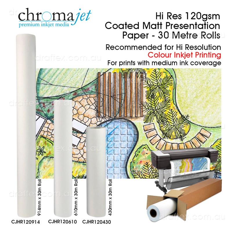 Cjhr120xxx Chromajet Hi Res 120Gsm Coated Paper 30 Metres For Hi Resolution Colour Printing Available In 3 Roll Widths
