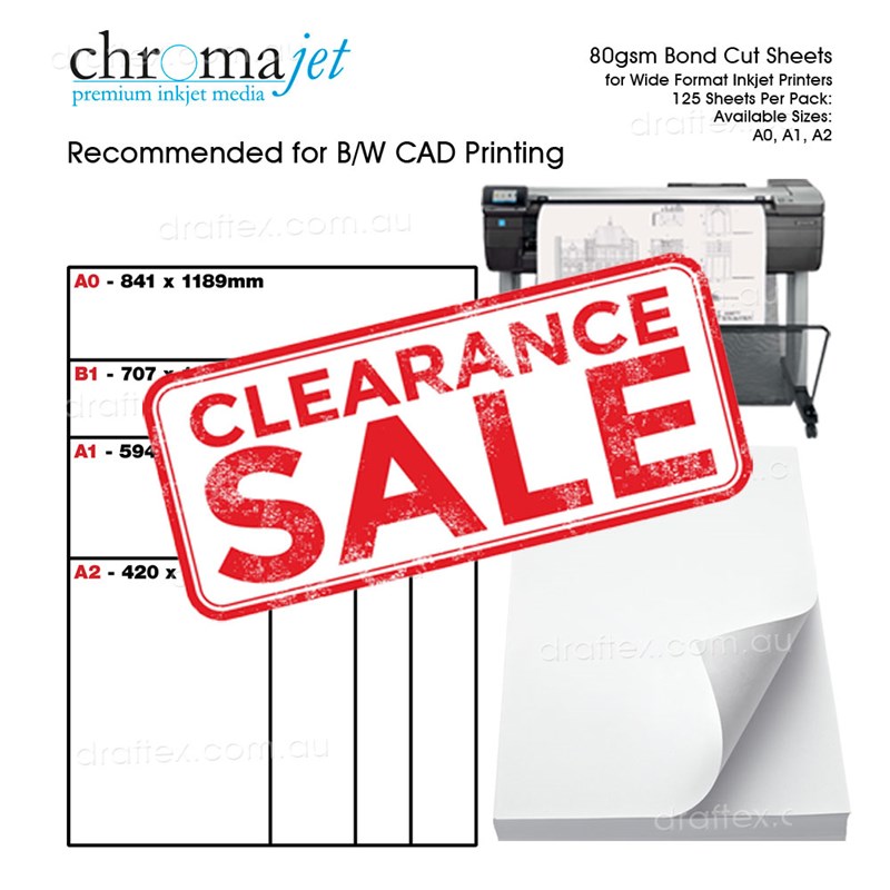 Clearance Sale Chromajet Bond 80Gsm Inkjet Paper Cut Sheet Pack Of 125 Sheets In Size A0 A1 A2