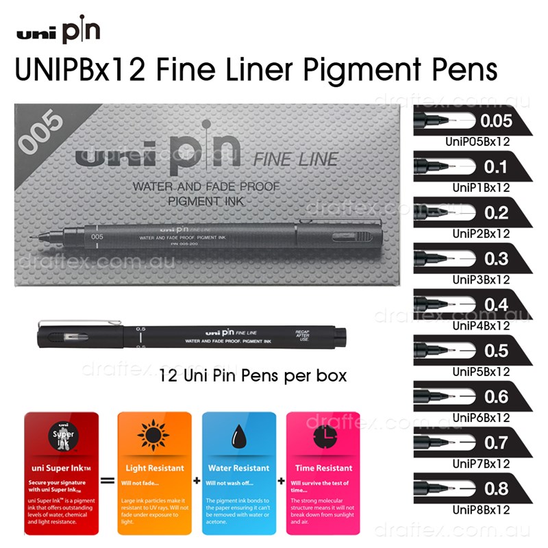 Unip Uni Pin Fineliner Pigment Pens 9 Line Widths Box 12