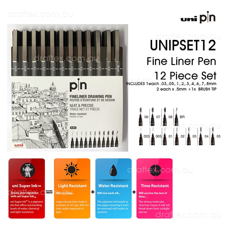 Unipset12 Uni Pin Fine Liner Pen 12 Piece Set With One Brush Tip
