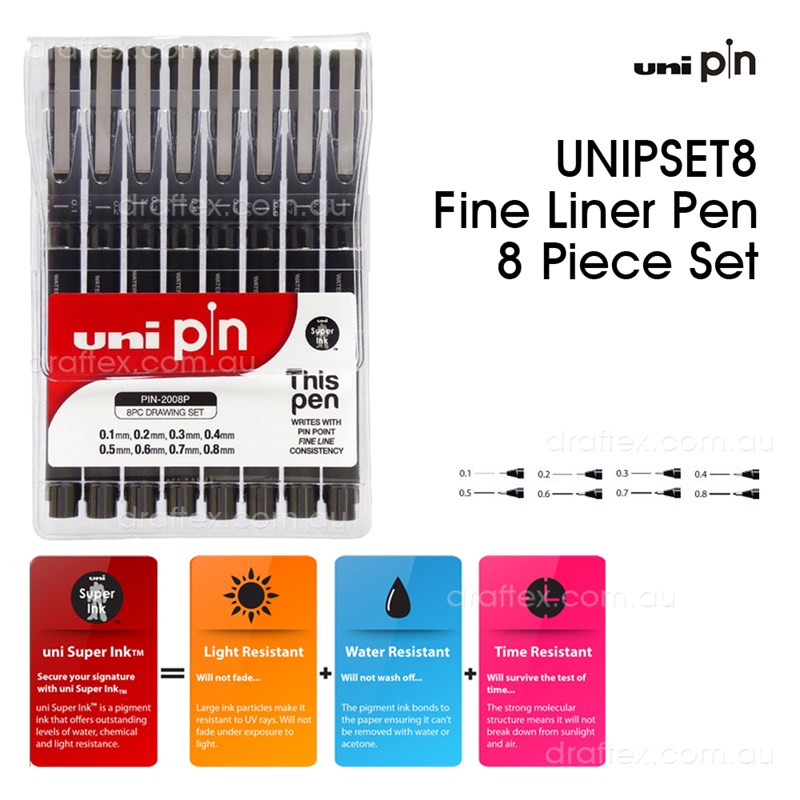 Unipset8 Uni Pin Fine Liner Pen 8 Piece Set