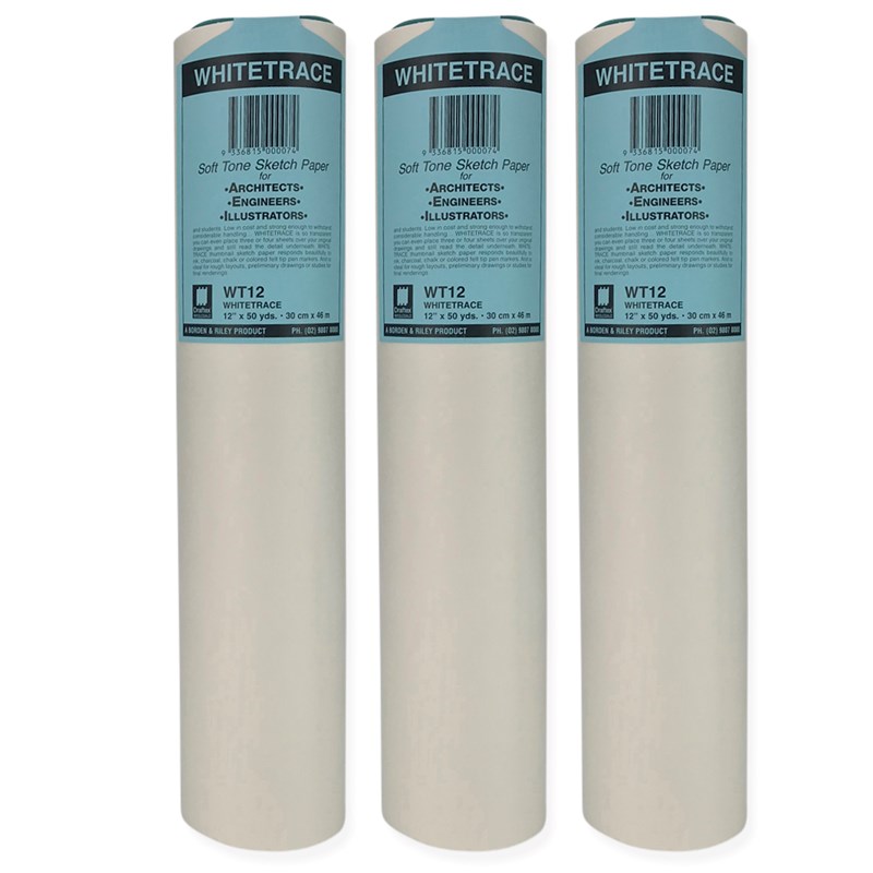 Wt123pk Draftex Whitetrace Soft Tone Sketch Paper 27Gsm 12Inch X 50Yard Pack Of 3 Rolls G