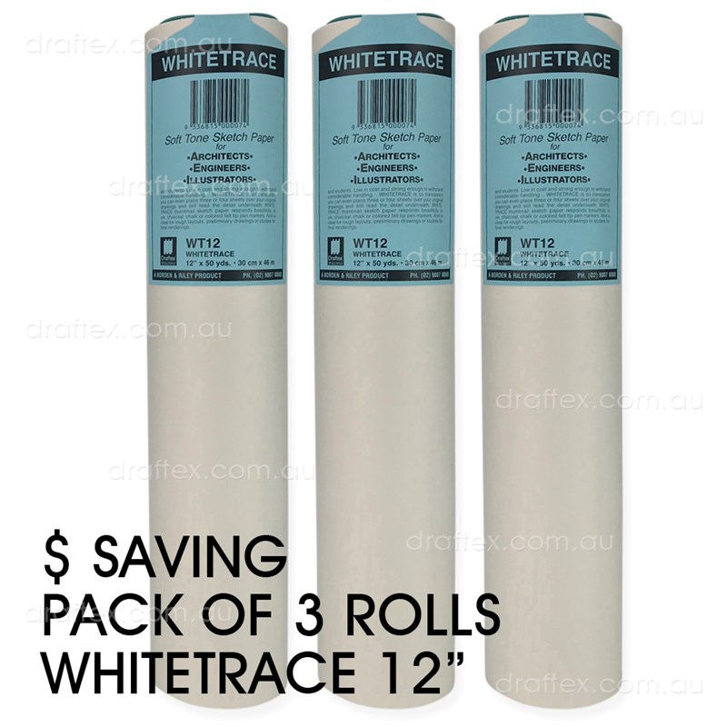 Wt123pk Draftex Whitetrace Soft Tone Sketch Paper 27Gsm 12Inch X 50Yard Pack Of 3 Rolls