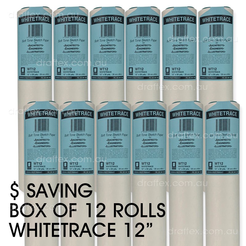 Wt12bx Draftex Whitetrace Soft Tone Sketch Paper 27Gsm 12Inch X 50Yard Rolls Box Of 12