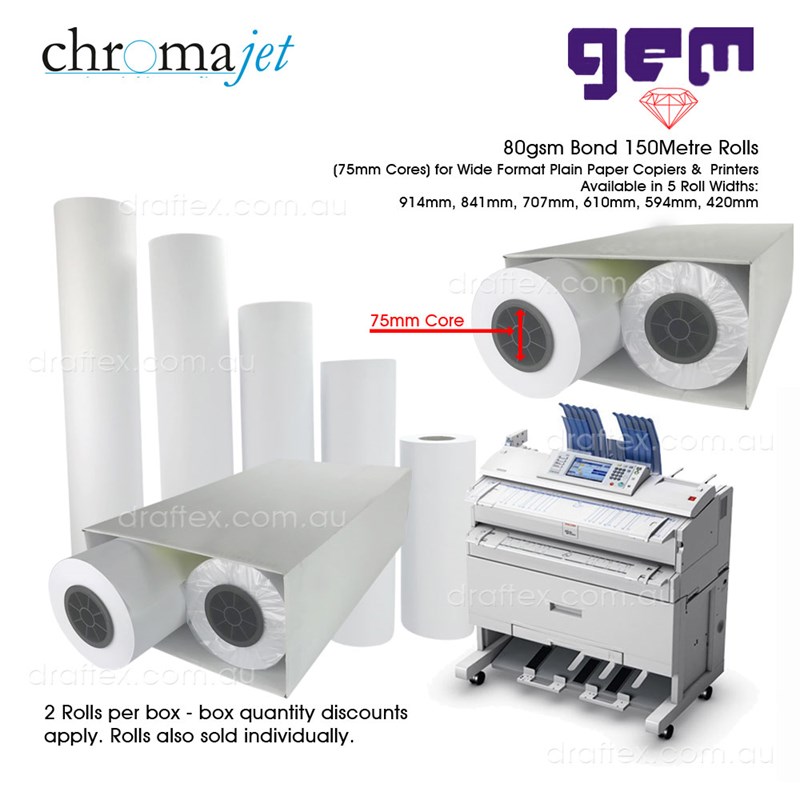 Xxbond150xxx Chromajet And Gem 80Gsm Bond Rolls 75Mm Cores For Wide Format Plain Paper Printers Copiers 5 Roll Widths Image 2