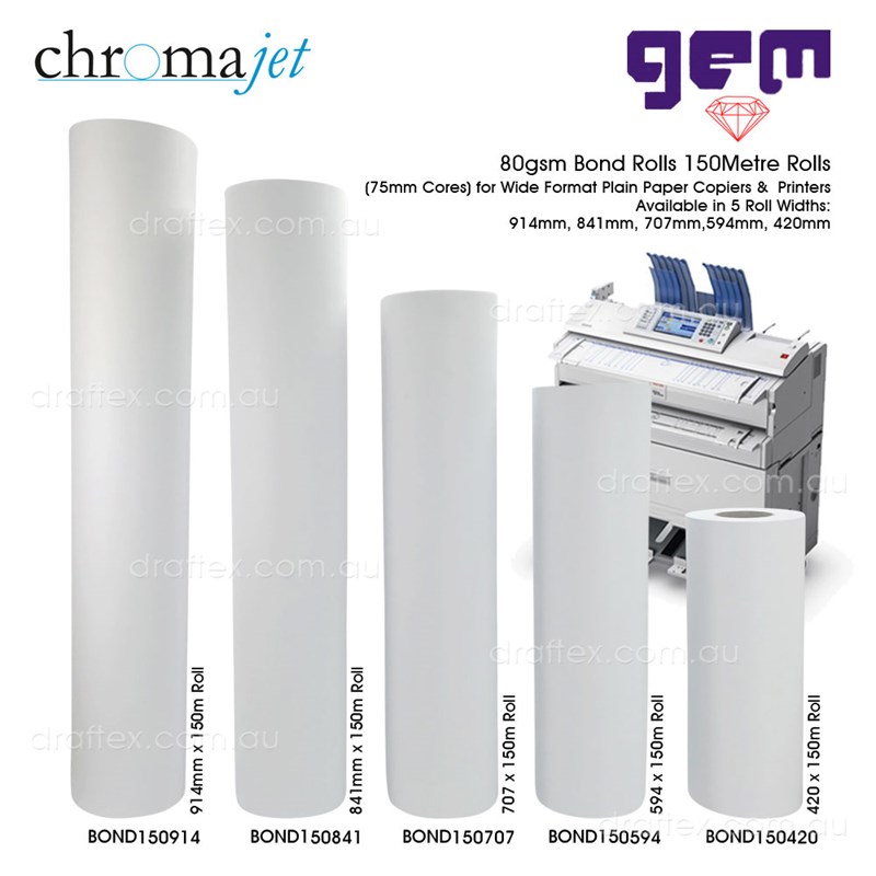 Xxbond150xxx Chromajet And Gem 80Gsm Bond Rolls 75Mm Cores For Wide Format Plain Paper Printers Copiers 5 Roll Widths