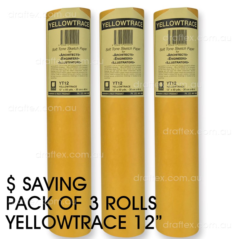Yt123pk Draftex Yellowtrace Soft Tone Sketch Paper 27Gsm 12Inch X 50Yard Pack Of 3 Rolls Roll