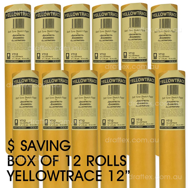 Yt12bx Draftex Yellowtrace Soft Tone Sketch Paper 27Gsm 12Inch X 50Yard Rolls Box Of 12