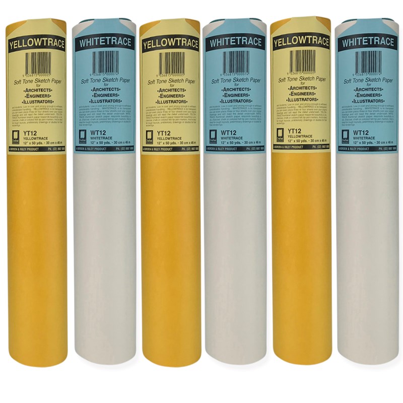 Ytwt33pk Draftex Whitetrace Yellowtrace Soft Tone Sketch Paper 27Gsm 12Inch X 50Yard Pack Of 6 Rolls G
