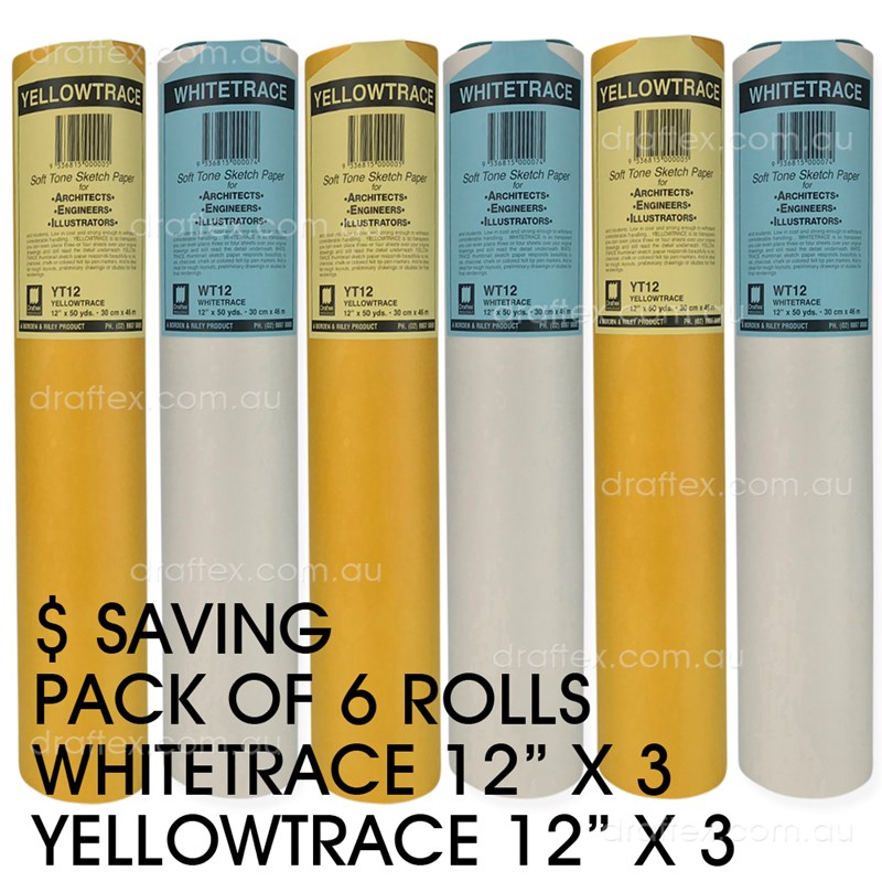 Ytwt33pk Draftex Whitetrace Yellowtrace Soft Tone Sketch Paper 27Gsm 12Inch X 50Yard Pack Of 6 Rolls
